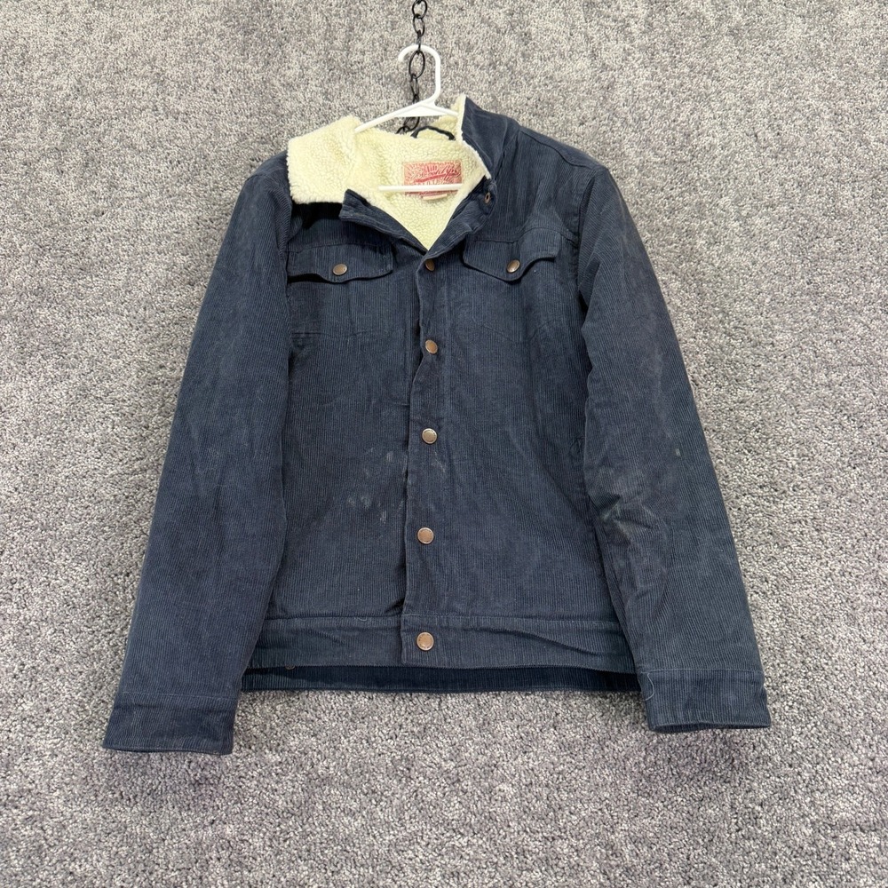 Brooklyn Cloth Jacket Mens L Navy Blue Corduroy Sherpa Lined Full Snap Trucker